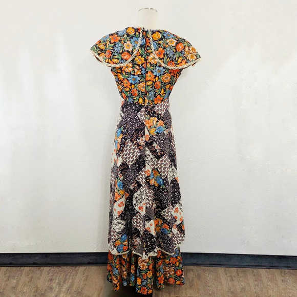 Vintage 60s 70s patchwork floral prairie dress maxi caplet fall boho women's - Picture 2 of 7